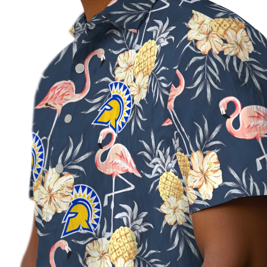 San Jose State Spartans Hawaiian Shirt - Flamingo Hibiscus san jose state spartans flamingo hibiscus navy hawaiian shirts trendy