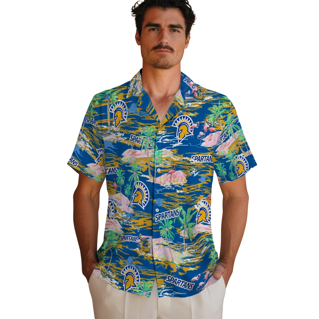San Jose State Spartans Hawaiian Shirt - Hawaii Island san jose state spartans flamingo retreat blue hawaiian shirts fashion forward