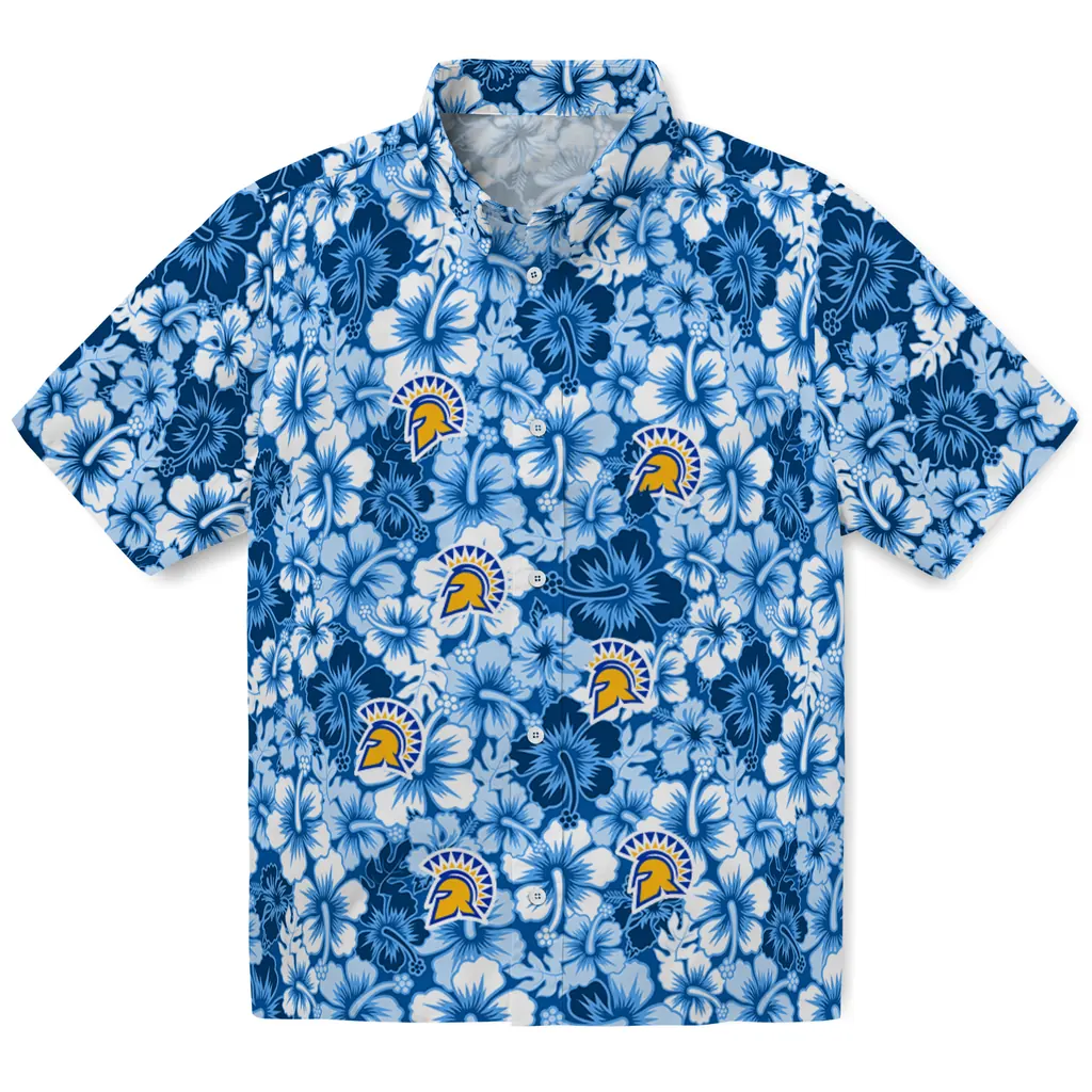 San Jose State Spartans Hawaiian Shirt - Hibiscus Blooms san jose state spartans hibiscus blooms blue hawaiian shirts best selling