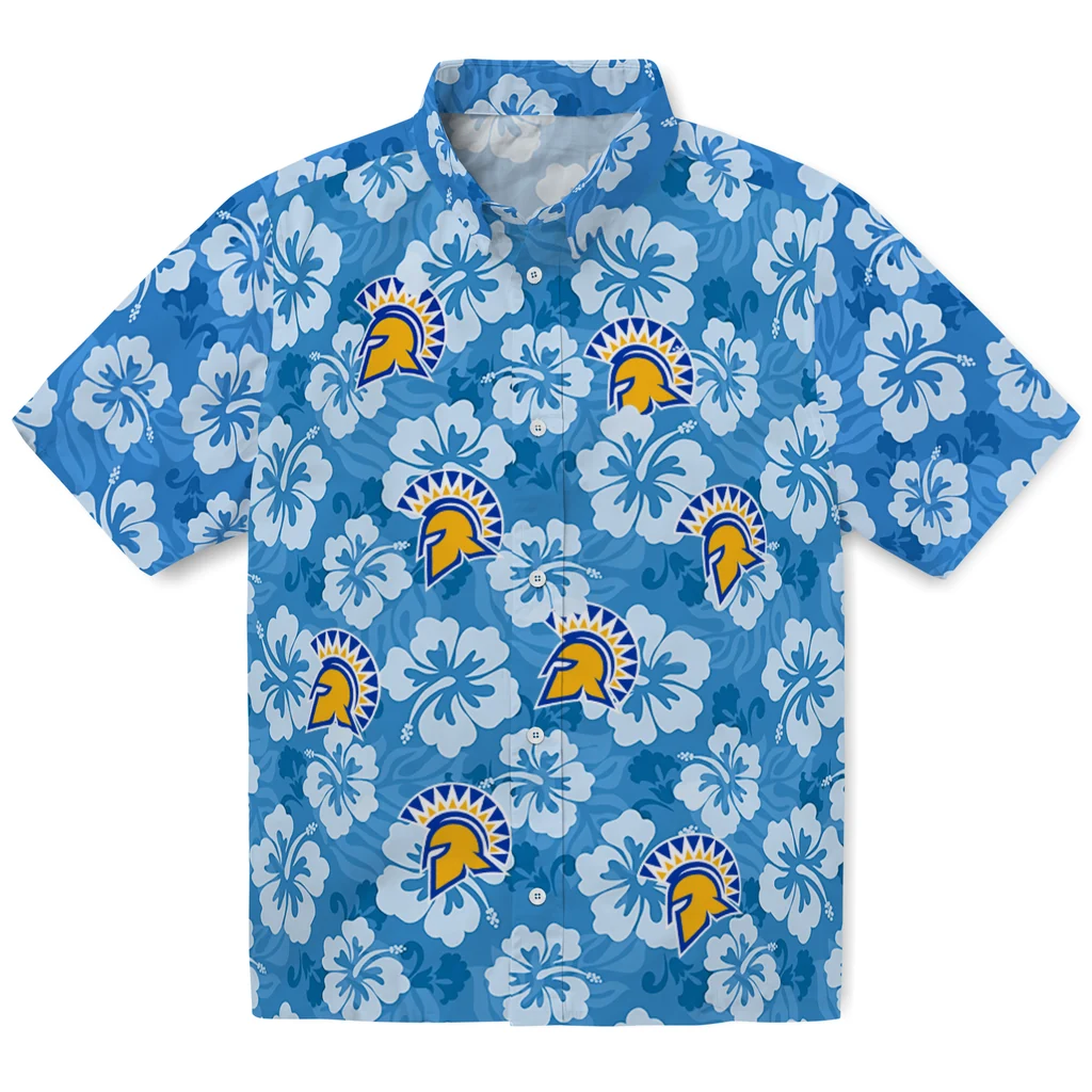 San Jose State Spartans Hawaiian Shirt - Hibiscus Cluster san jose state spartans hibiscus cluster blue hawaiian shirts best selling