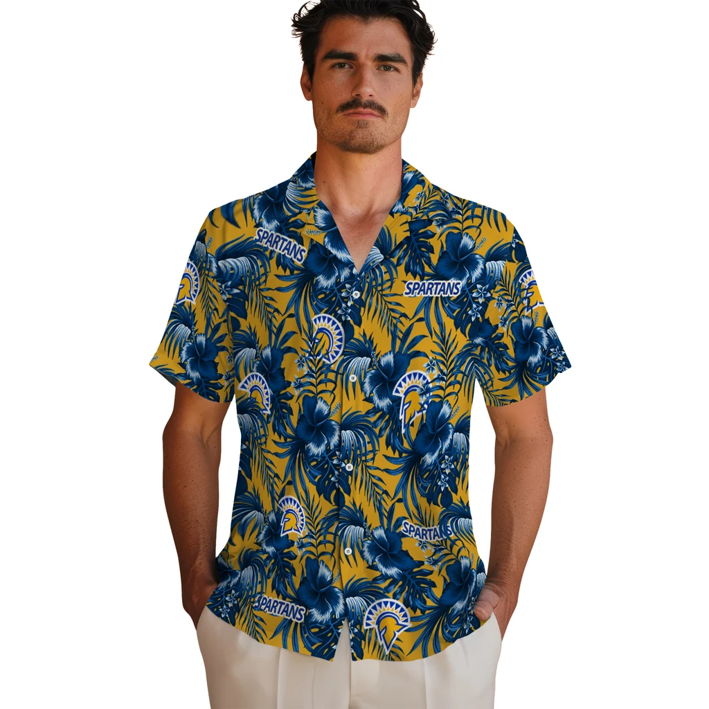San Jose State Spartans Hawaiian Shirt - Hibiscus Exotic san jose state spartans hibiscus exotic blue hawaiian shirts fashion forward