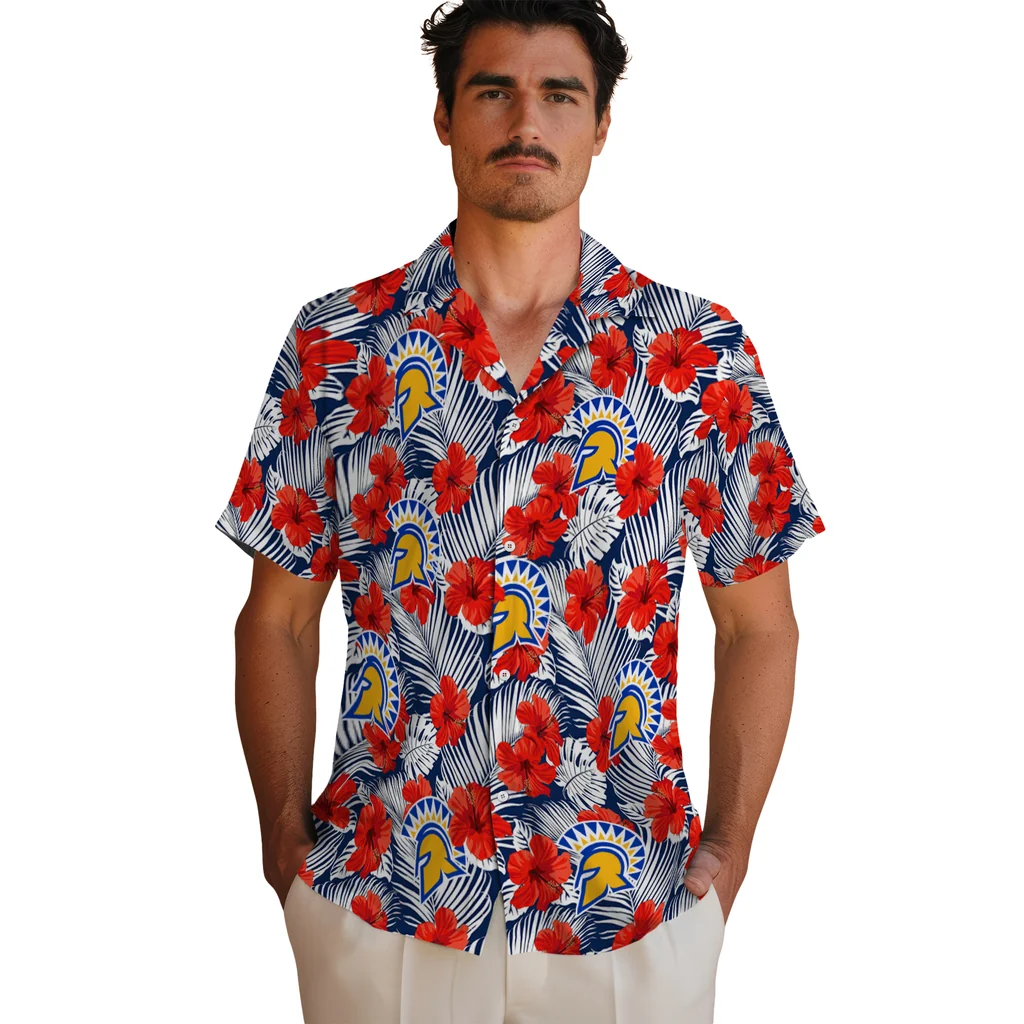 San Jose State Spartans Hawaiian Shirt - Hibiscus Fiesta san jose state spartans hibiscus fiesta red royal blue hawaiian shirts fashion forward