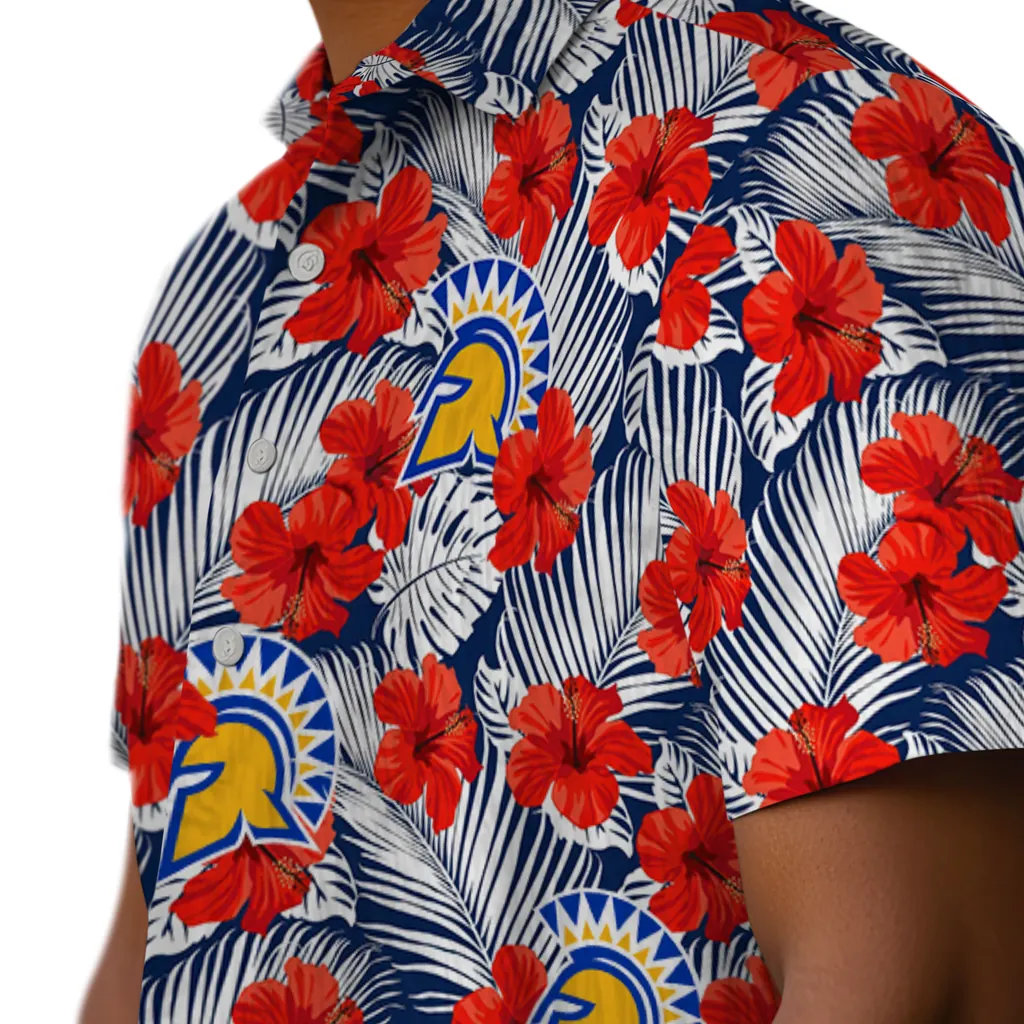 San Jose State Spartans Hawaiian Shirt - Hibiscus Fiesta san jose state spartans hibiscus fiesta red royal blue hawaiian shirts trendy