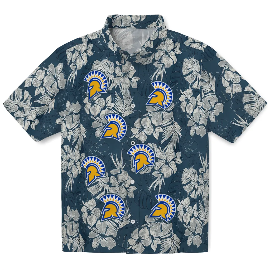 San Jose State Spartans Hawaiian Shirt - Hibiscus Flowers san jose state spartans hibiscus flowers navy blue hawaiian shirts best selling