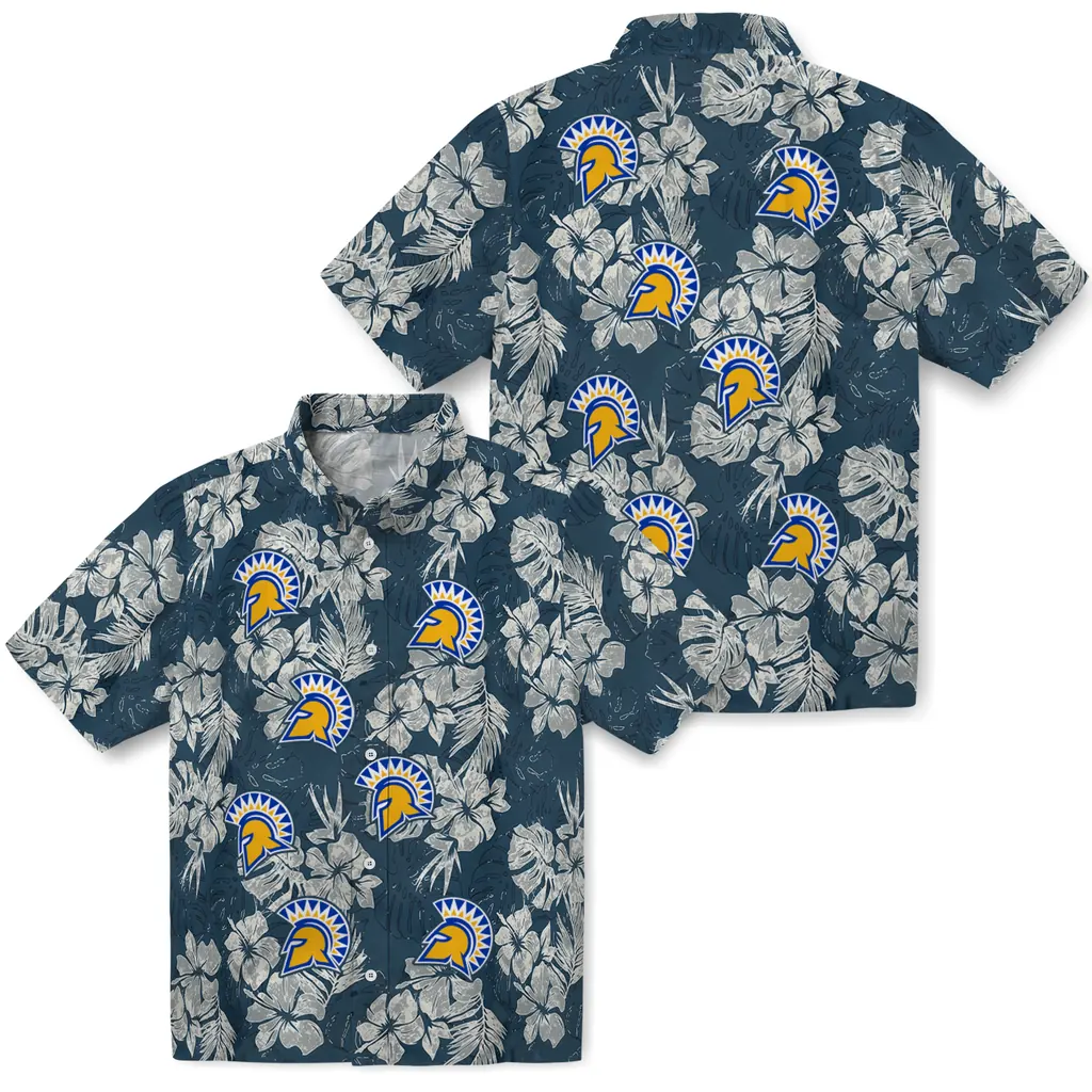 San Jose State Spartans Hawaiian Shirt - Hibiscus Flowers san jose state spartans hibiscus flowers navy blue hawaiian shirts high quality