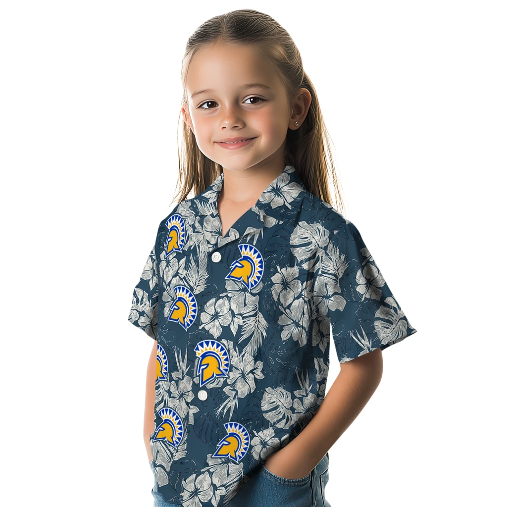 San Jose State Spartans Hawaiian Shirt - Hibiscus Flowers san jose state spartans hibiscus flowers navy blue hawaiian shirts premium grade
