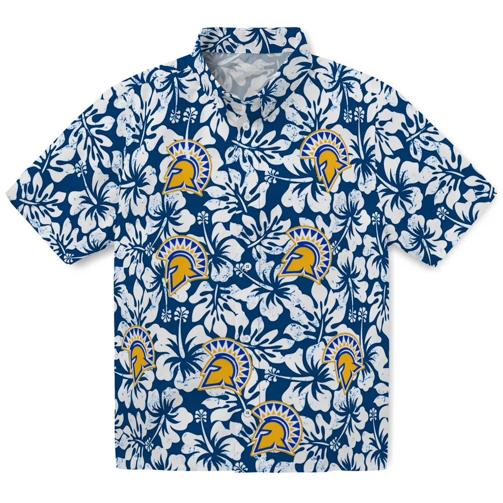 San Jose State Spartans Hawaiian Shirt - Hibiscus Motif san jose state spartans hibiscus motif blue white hawaiian shirts best selling