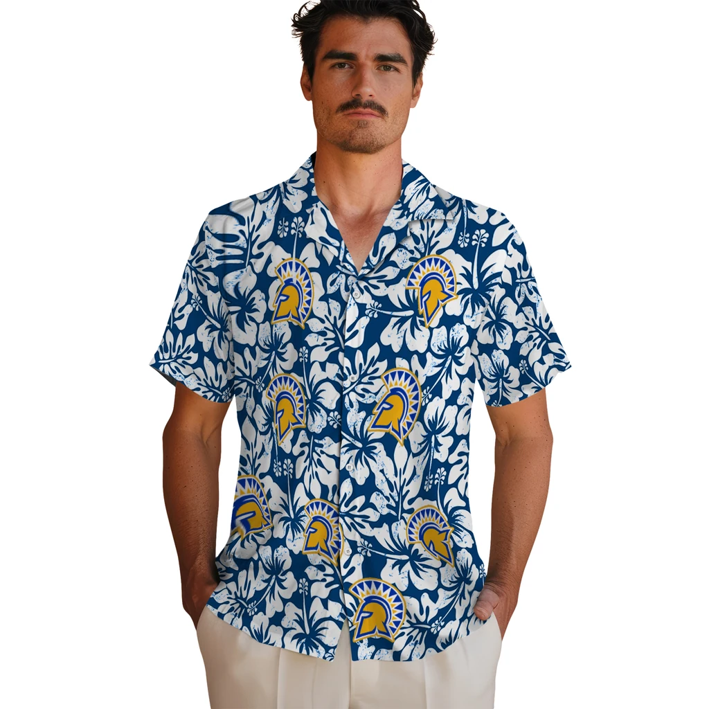 San Jose State Spartans Hawaiian Shirt - Hibiscus Motif san jose state spartans hibiscus motif blue white hawaiian shirts fashion forward
