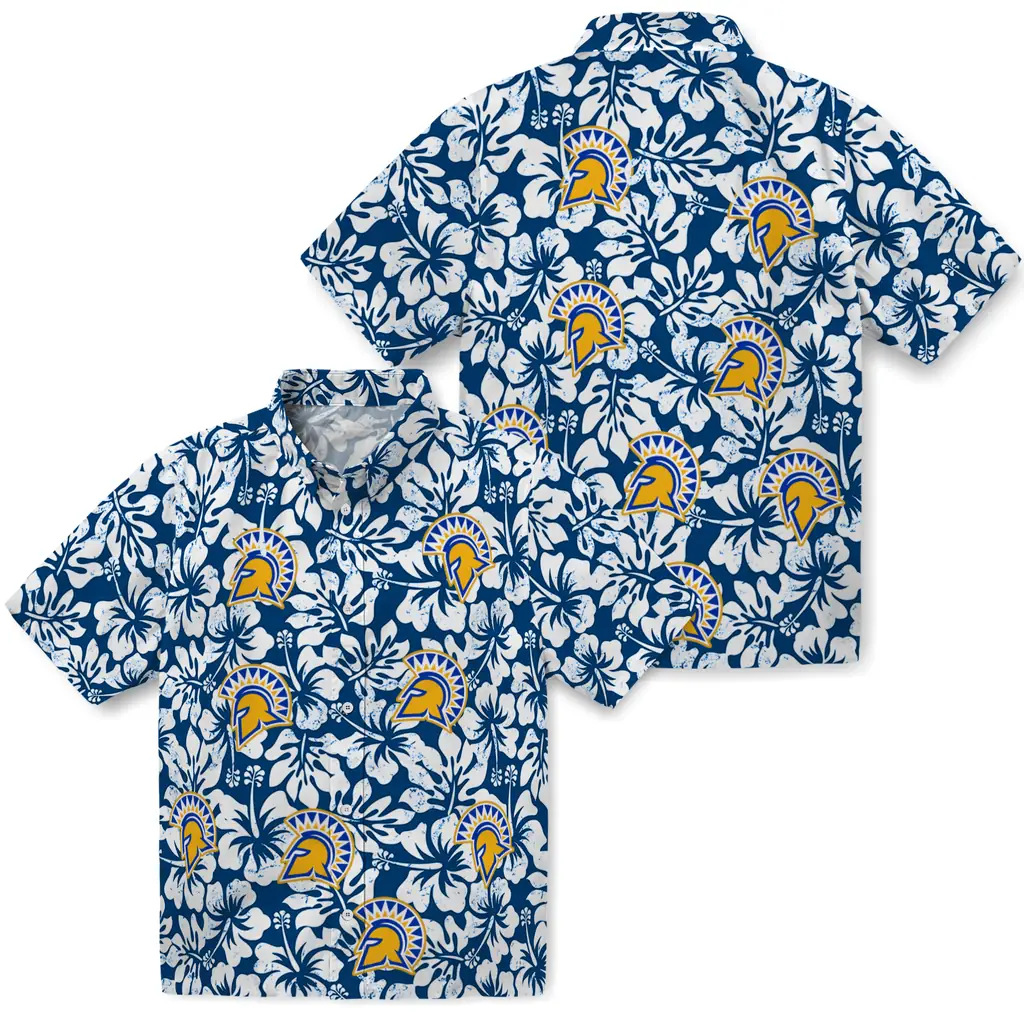San Jose State Spartans Hawaiian Shirt - Hibiscus Motif san jose state spartans hibiscus motif blue white hawaiian shirts high quality