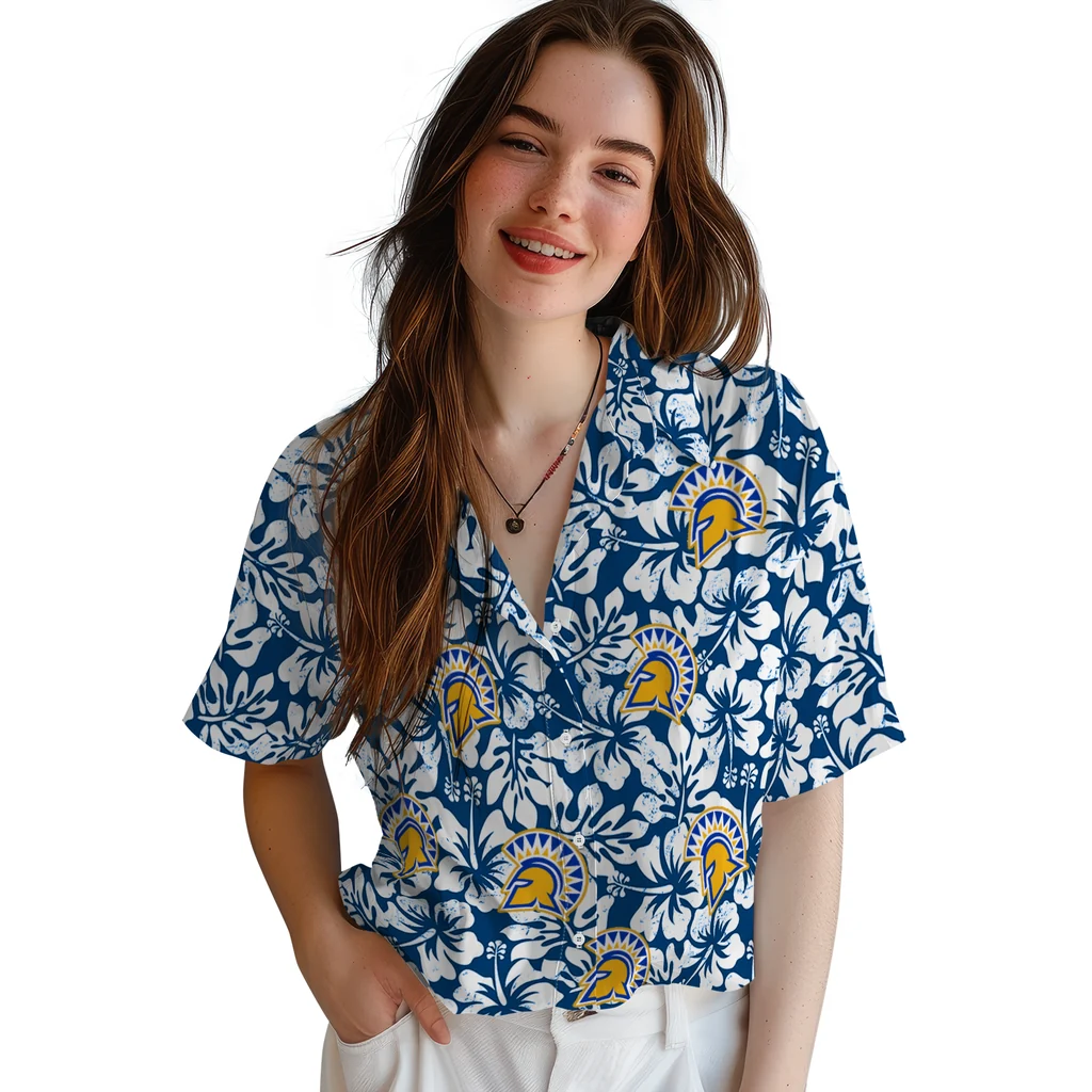 San Jose State Spartans Hawaiian Shirt - Hibiscus Motif san jose state spartans hibiscus motif blue white hawaiian shirts latest model