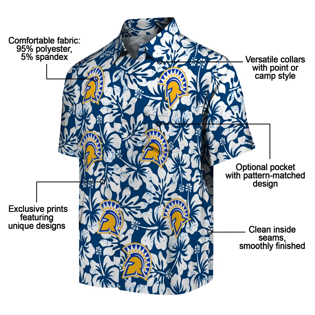 San Jose State Spartans Hawaiian Shirt - Hibiscus Motif san jose state spartans hibiscus motif blue white hawaiian shirts new arrival