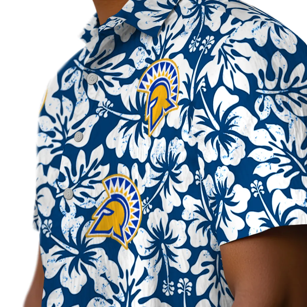 San Jose State Spartans Hawaiian Shirt - Hibiscus Motif san jose state spartans hibiscus motif blue white hawaiian shirts trendy