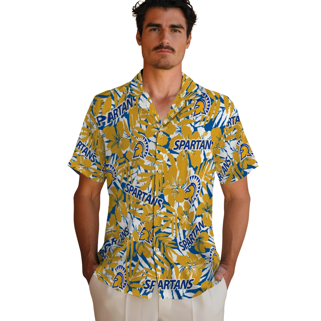 San Jose State Spartans Hawaiian Shirt - Hibiscus Overlay san jose state spartans hibiscus overlay hawaiian shirts fashion forward