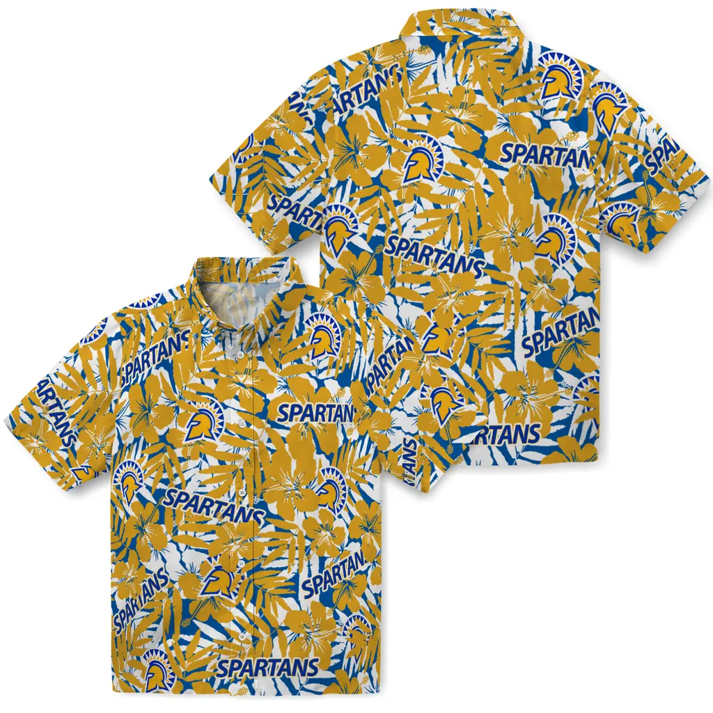 San Jose State Spartans Hawaiian Shirt - Hibiscus Overlay san jose state spartans hibiscus overlay hawaiian shirts high quality