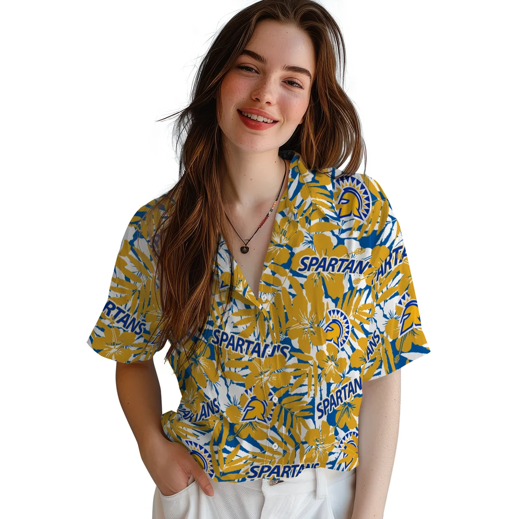 San Jose State Spartans Hawaiian Shirt - Hibiscus Overlay san jose state spartans hibiscus overlay hawaiian shirts latest model