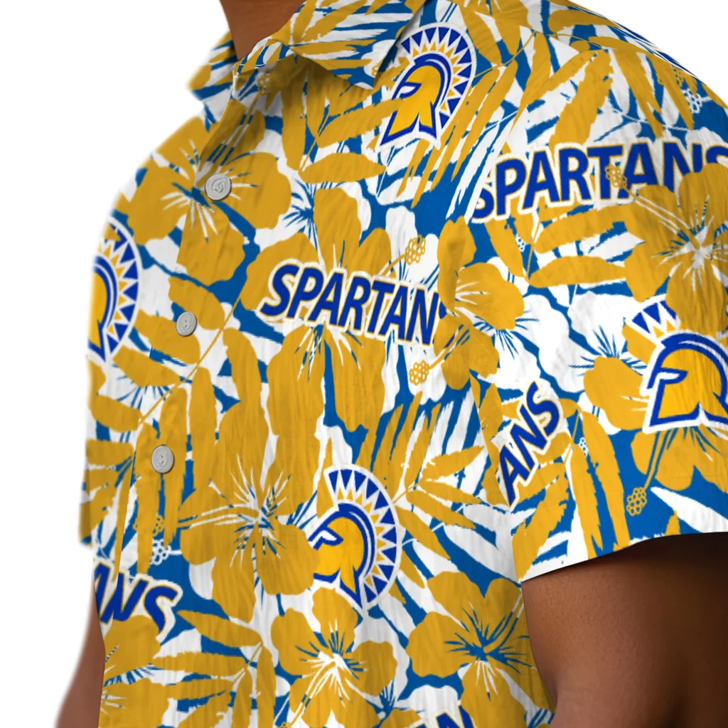 San Jose State Spartans Hawaiian Shirt - Hibiscus Overlay san jose state spartans hibiscus overlay hawaiian shirts trendy