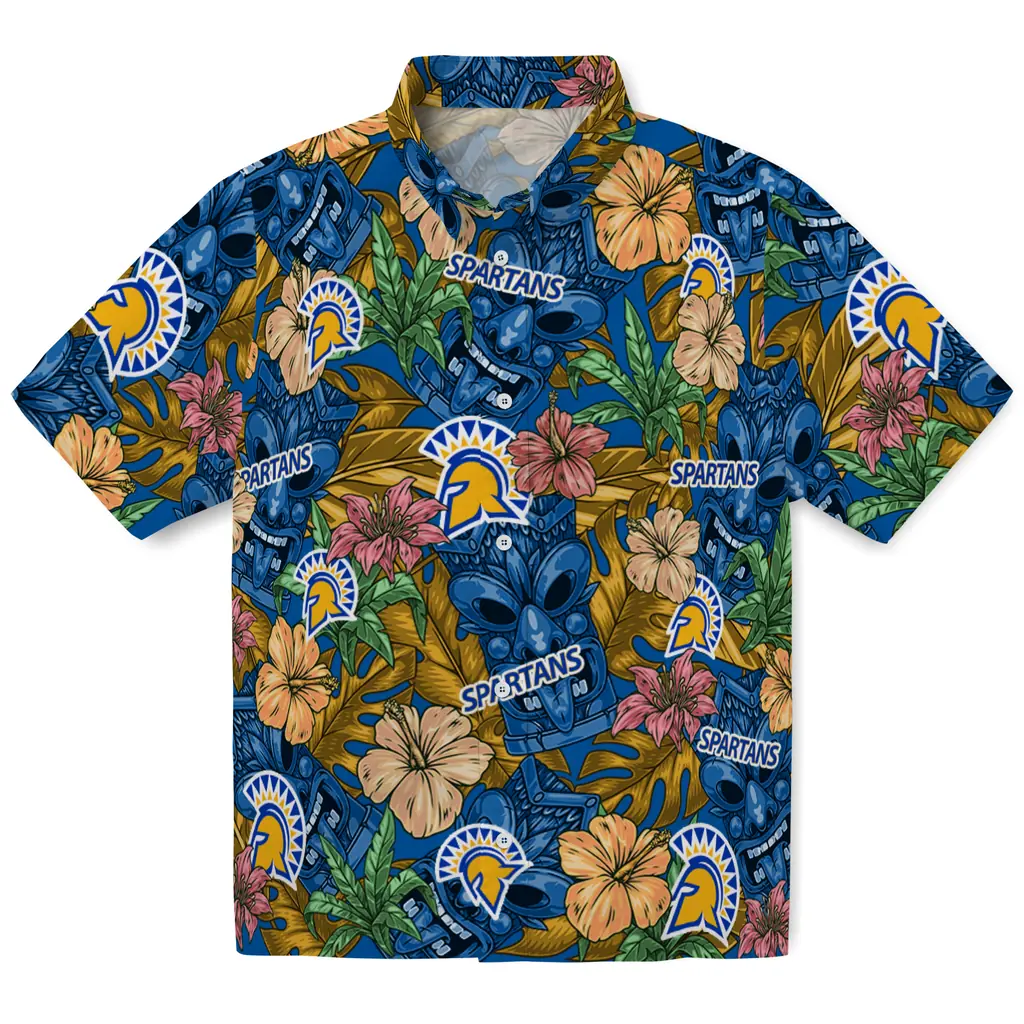 San Jose State Spartans Hawaiian Shirt - Hibiscus Tiki Jungle san jose state spartans tiki jungle blue hawaiian shirts best selling