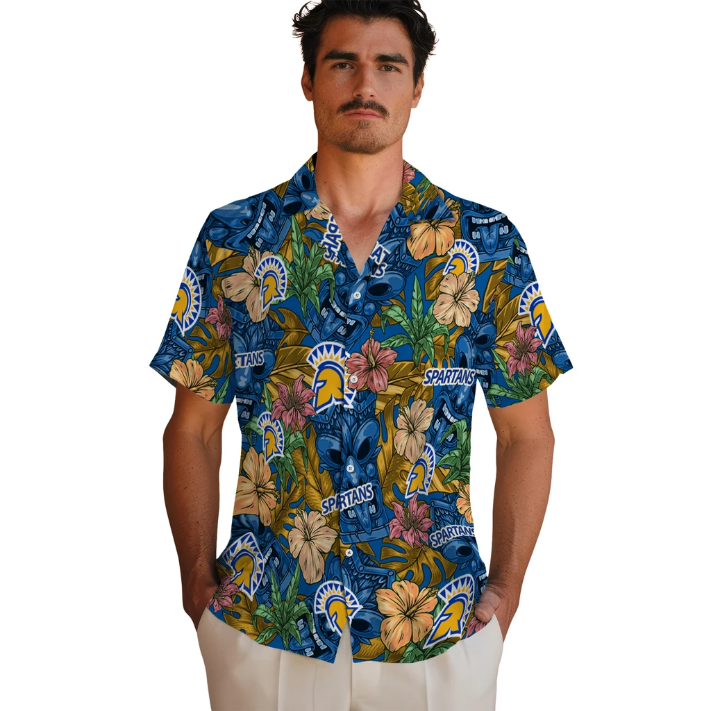 San Jose State Spartans Hawaiian Shirt - Hibiscus Tiki Jungle san jose state spartans tiki jungle blue hawaiian shirts fashion forward