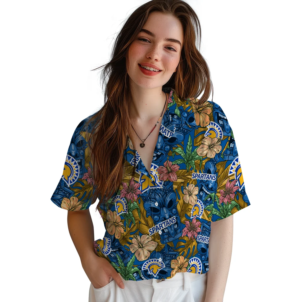 San Jose State Spartans Hawaiian Shirt - Hibiscus Tiki Jungle san jose state spartans tiki jungle blue hawaiian shirts latest model