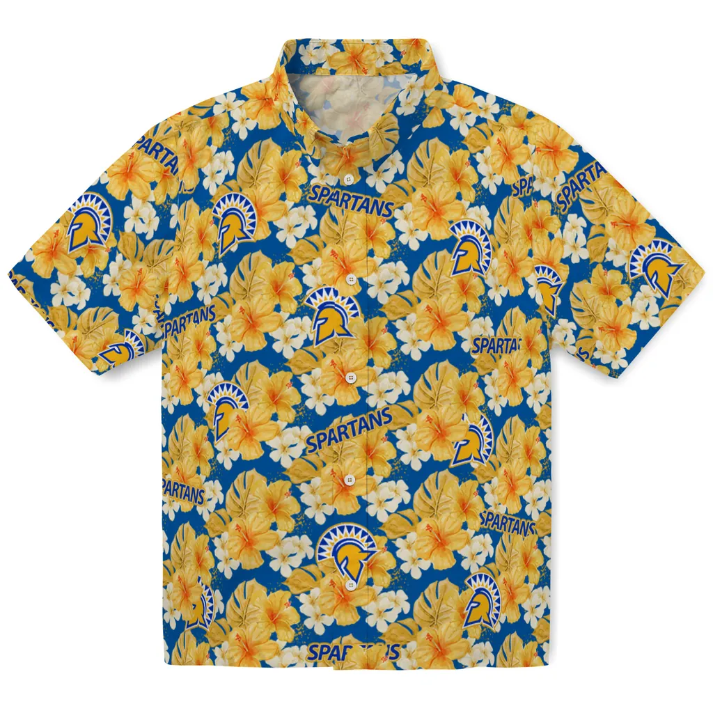 San Jose State Spartans Hawaiian Shirt - Hibiscus Tropics san jose state spartans hibiscus tropics blue yellow hawaiian shirts best selling