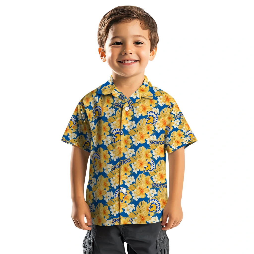 San Jose State Spartans Hawaiian Shirt - Hibiscus Tropics san jose state spartans hibiscus tropics blue yellow hawaiian shirts top rated