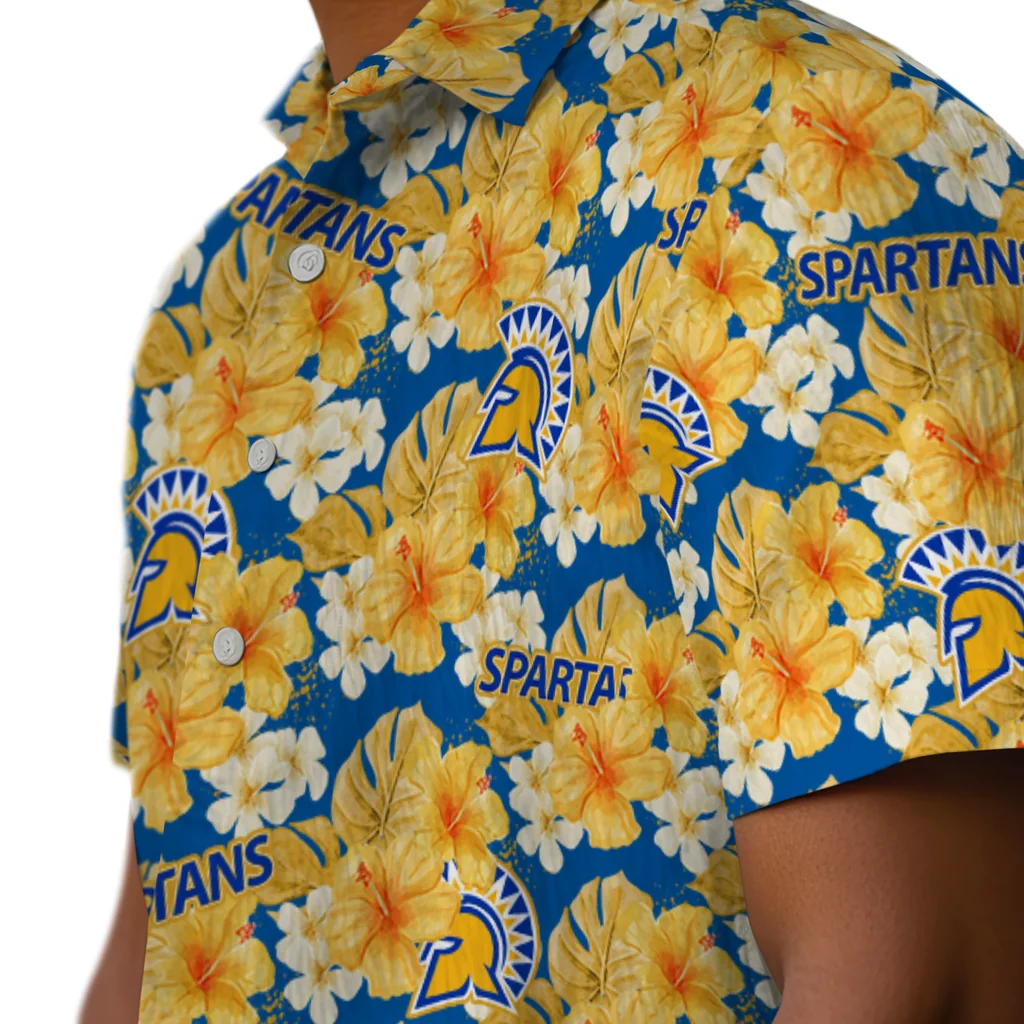 San Jose State Spartans Hawaiian Shirt - Hibiscus Tropics san jose state spartans hibiscus tropics blue yellow hawaiian shirts trendy
