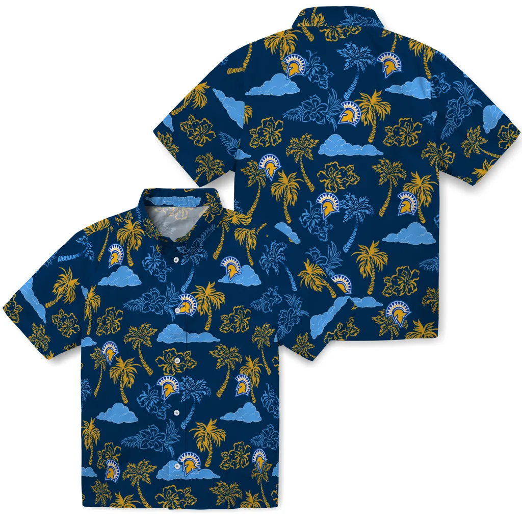 San Jose State Spartans Hawaiian Shirt - Palm And Clouds san jose state spartans palm and clouds blue hawaiian shirts high quality