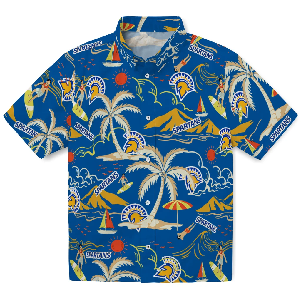 San Jose State Spartans Hawaiian Shirt - Palm Tree Island san jose state spartans palm tree island blue hawaiian shirts best selling