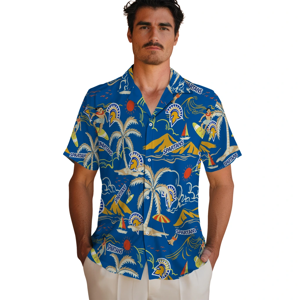 San Jose State Spartans Hawaiian Shirt - Palm Tree Island san jose state spartans palm tree island blue hawaiian shirts fashion forward