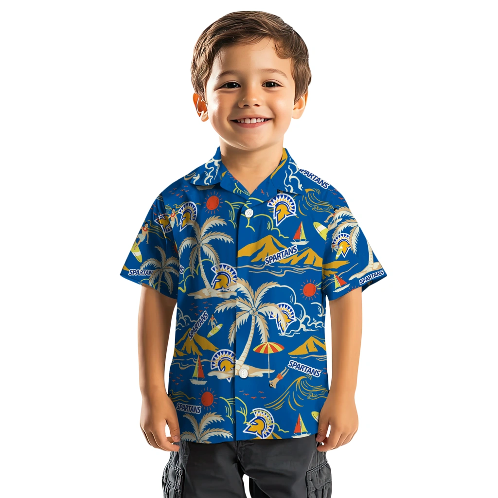 San Jose State Spartans Hawaiian Shirt - Palm Tree Island san jose state spartans palm tree island blue hawaiian shirts top rated