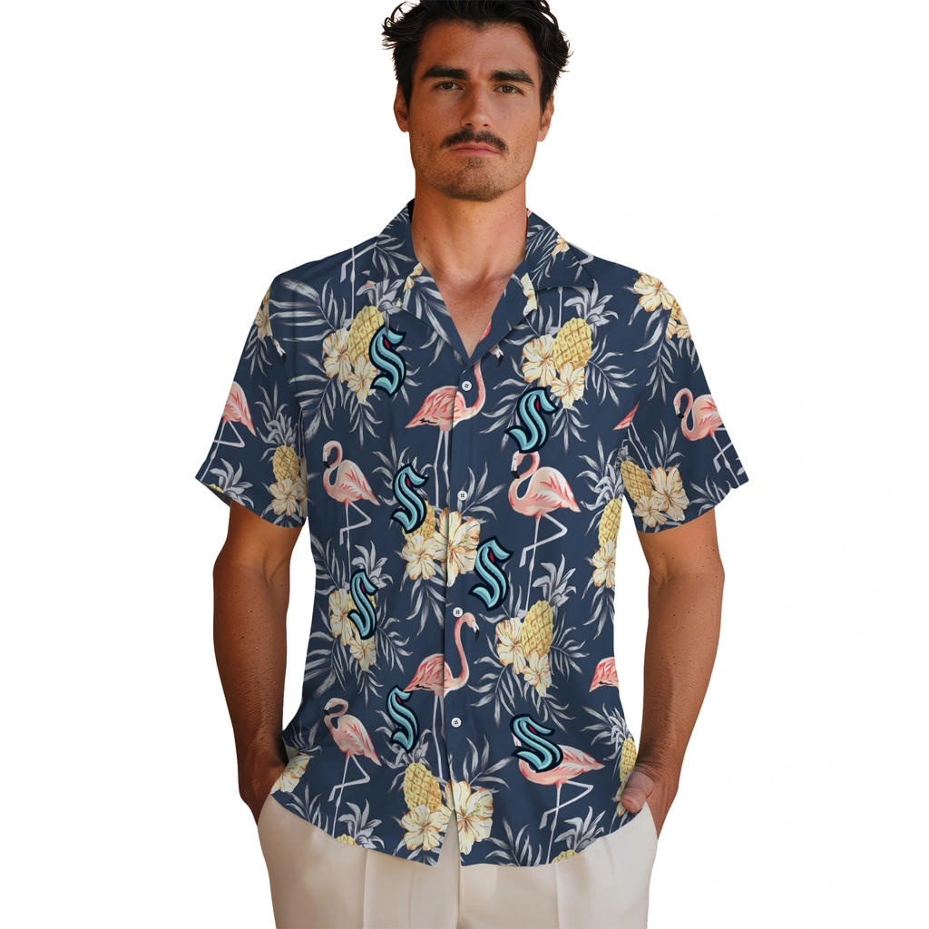 Seattle Kraken Hawaiian Shirt - Flamingo Hibiscus seattle kraken flamingo hibiscus navy hawaiian shirts fashion forward