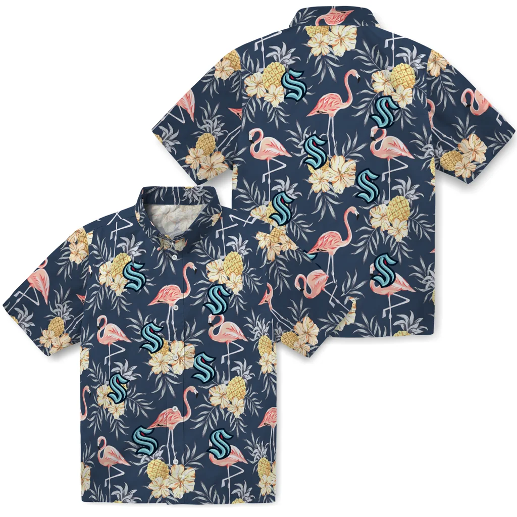 Seattle Kraken Hawaiian Shirt - Flamingo Hibiscus seattle kraken flamingo hibiscus navy hawaiian shirts high quality