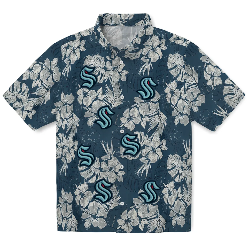 Seattle Kraken Hawaiian Shirt - Hibiscus Flowers seattle kraken hibiscus flowers navy blue hawaiian shirts best selling
