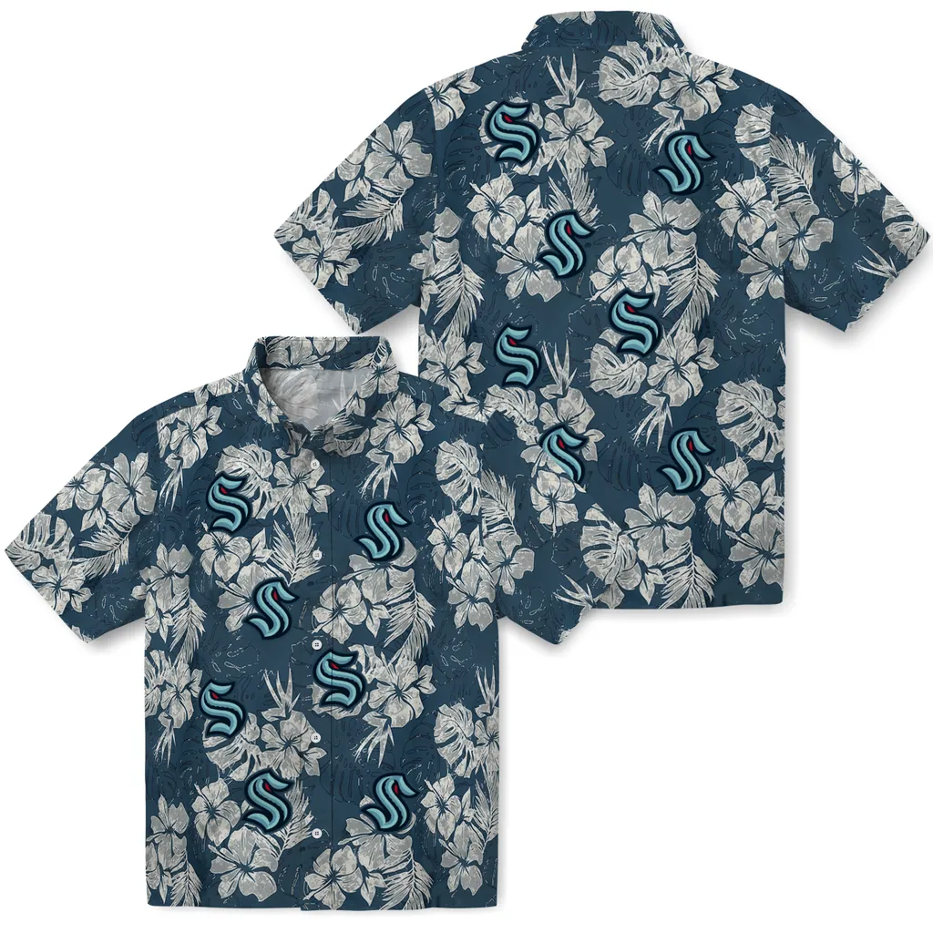 Seattle Kraken Hawaiian Shirt - Hibiscus Flowers seattle kraken hibiscus flowers navy blue hawaiian shirts high quality