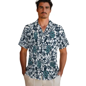 seattle kraken hibiscus motif blue white hawaiian shirts fashion forward