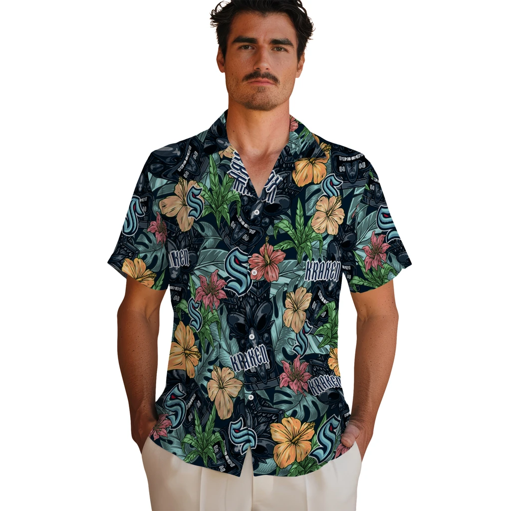 Seattle Kraken Hawaiian Shirt - Hibiscus Tiki Jungle seattle kraken tiki jungle blue hawaiian shirts fashion forward