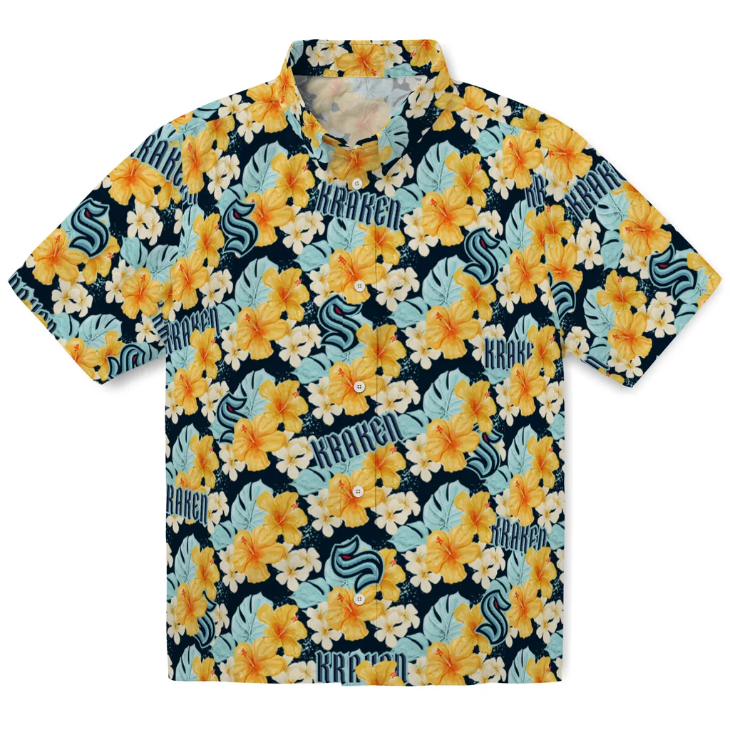 Seattle Kraken Hawaiian Shirt - Hibiscus Tropics seattle kraken hibiscus tropics blue yellow hawaiian shirts best selling