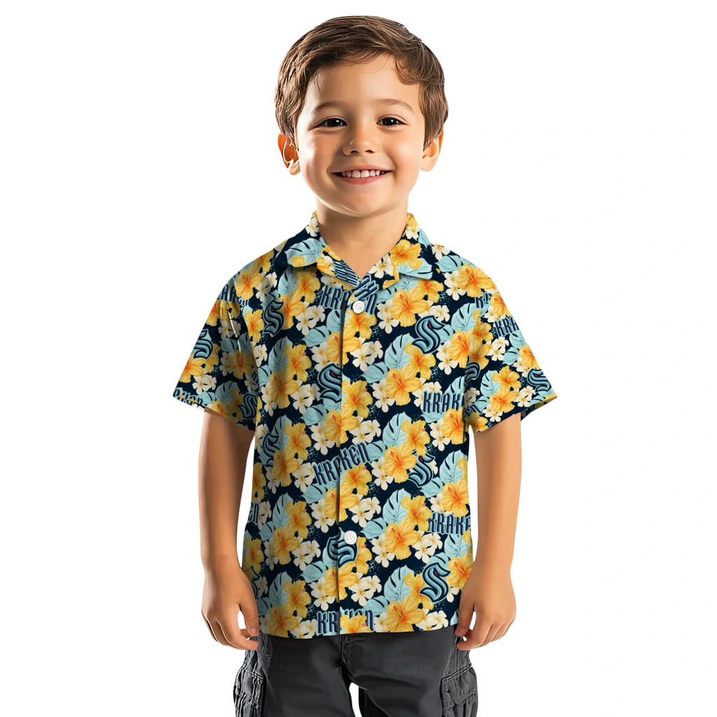 Seattle Kraken Hawaiian Shirt - Hibiscus Tropics seattle kraken hibiscus tropics blue yellow hawaiian shirts top rated