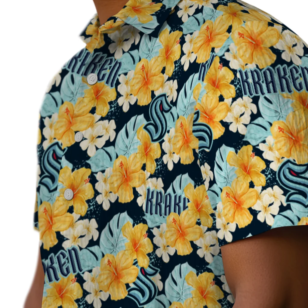Seattle Kraken Hawaiian Shirt - Hibiscus Tropics seattle kraken hibiscus tropics blue yellow hawaiian shirts trendy