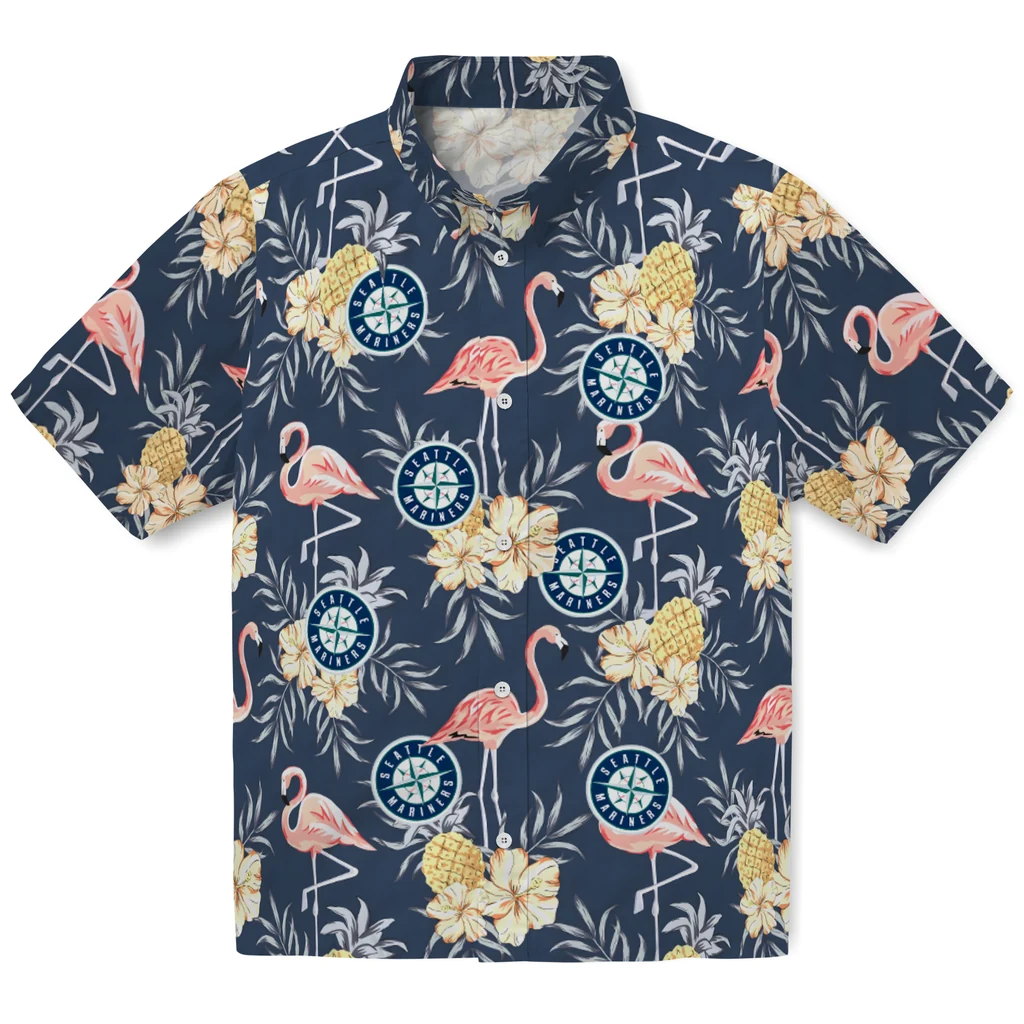 Seattle Mariners Hawaiian Shirt - Flamingo Hibiscus seattle mariners flamingo hibiscus navy hawaiian shirts best selling