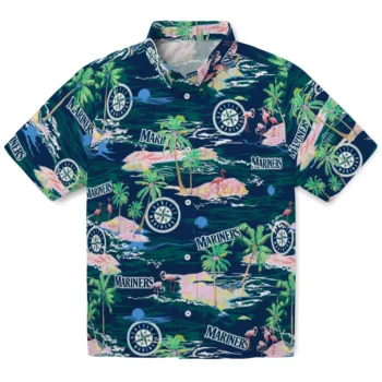 seattle mariners flamingo retreat navy blue hawaiian shirts best selling