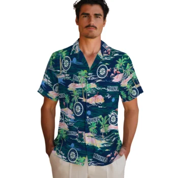 seattle mariners flamingo retreat navy blue hawaiian shirts fashion forward