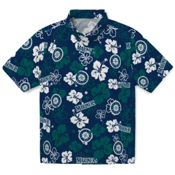 seattle mariners hibiscus bloom navy blue hawaiian shirts best selling