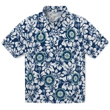seattle mariners hibiscus motif navy blue white hawaiian shirts best selling