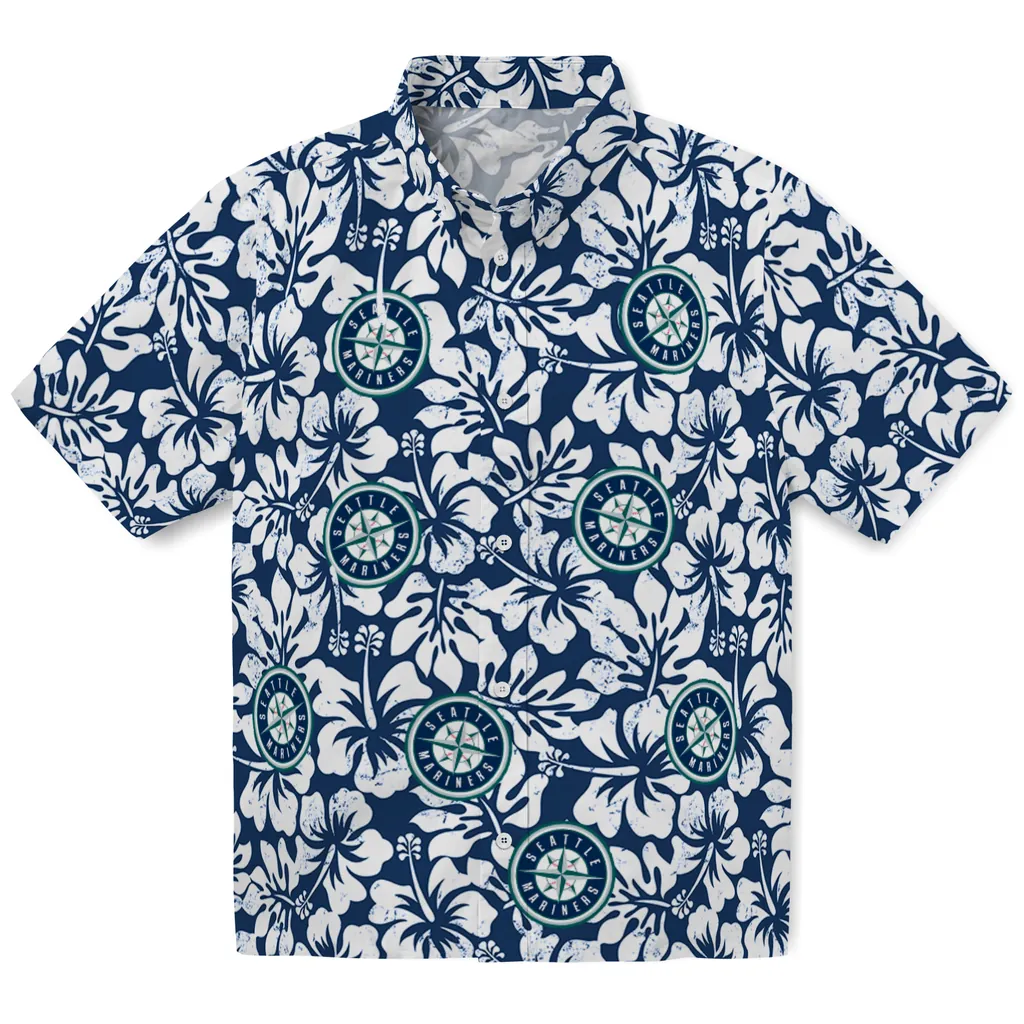 Seattle Mariners Hawaiian Shirt - Hibiscus Motif seattle mariners hibiscus motif navy blue white hawaiian shirts best selling