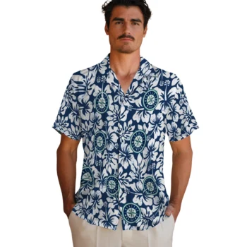 seattle mariners hibiscus motif navy blue white hawaiian shirts fashion forward