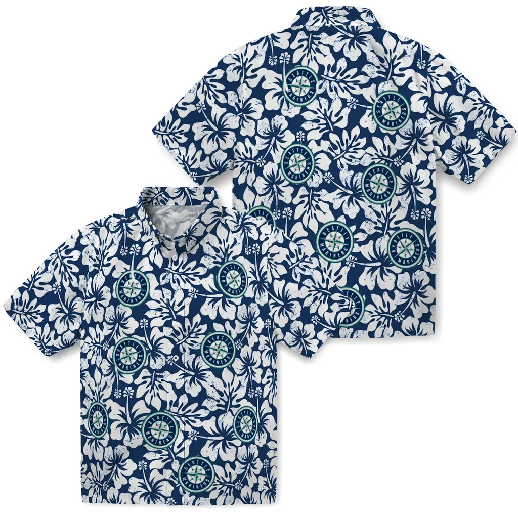 Seattle Mariners Hawaiian Shirt - Hibiscus Motif seattle mariners hibiscus motif navy blue white hawaiian shirts high quality