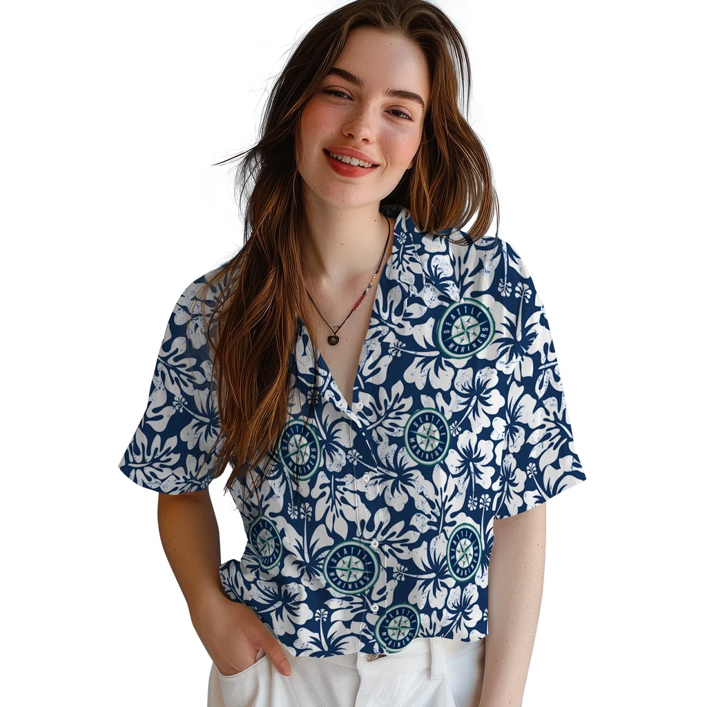Seattle Mariners Hawaiian Shirt - Hibiscus Motif seattle mariners hibiscus motif navy blue white hawaiian shirts latest model