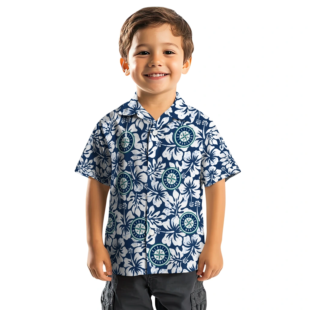 Seattle Mariners Hawaiian Shirt - Hibiscus Motif seattle mariners hibiscus motif navy blue white hawaiian shirts top rated
