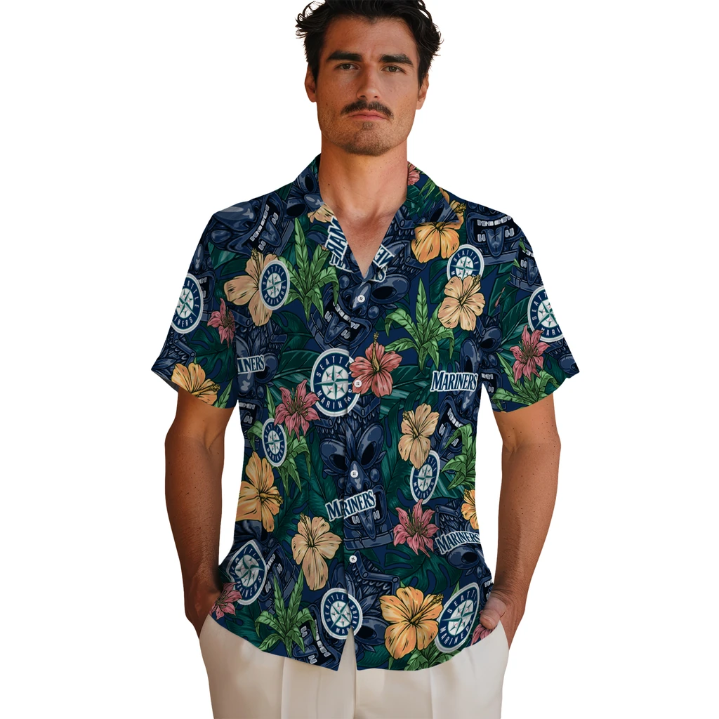 Seattle Mariners Hawaiian Shirt - Hibiscus Tiki Jungle seattle mariners tiki jungle navy blue hawaiian shirts fashion forward